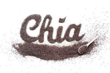 Chia tohumu ile Chia kelime yazmak. Beyaz arkaplanda