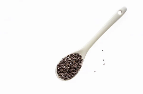 Chia Seeds White Ceramic Spoon Isolated White Background — Stock Photo, Image