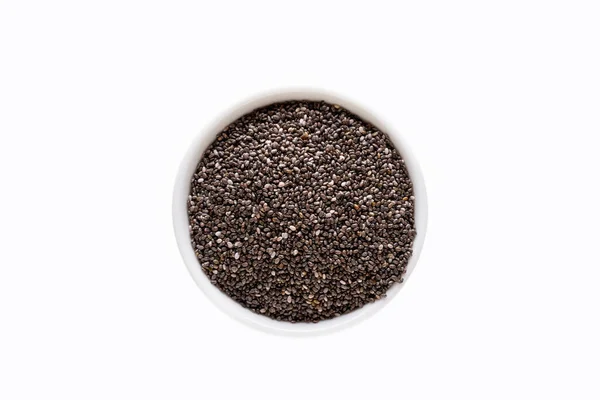 Sementes Chia Salvia Hispanica Taça Cerâmica Branca Isolada Sobre Fundo — Fotografia de Stock