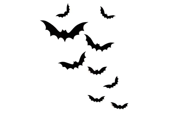 Halloween Simulano Concetto Volare Pipistrelli Carta Nera Sfondo Bianco — Foto Stock