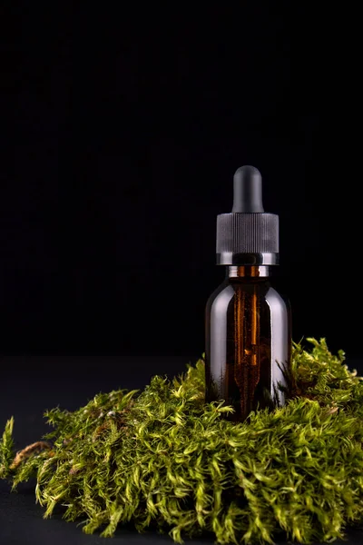 Composition Glass Bottle Body Care Organic Cosmetics Real Mosses Pedestal — Stock Photo, Image