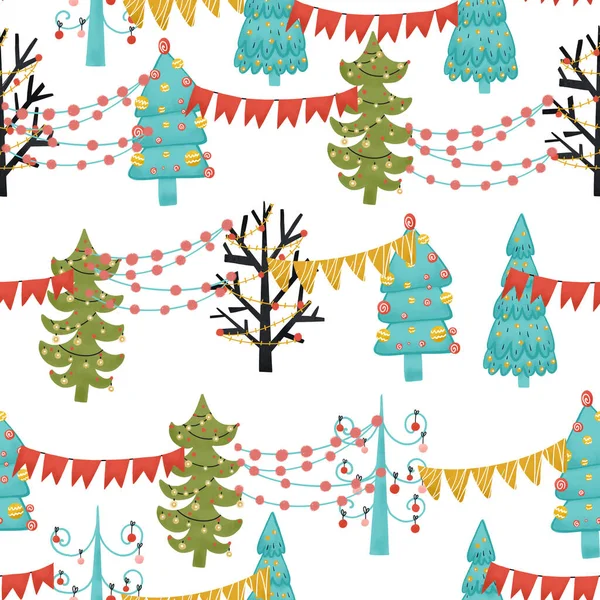 Seamless pattern on the theme of the holiday. Design for New year and Christmas decor. Illustration of winter forest