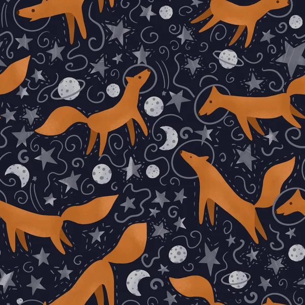 Little foxes in a space suit. Illustration in the Scandinavian style.Seamless pattern with astronauts on a starry background.