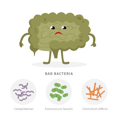 Bad bacteria concept illustration, sick intestine cartoon character isolated on white background. Gut dysbiosis with Campylobacter, Enterococcus faecalis, Clostridium difficile medical illustration clipart