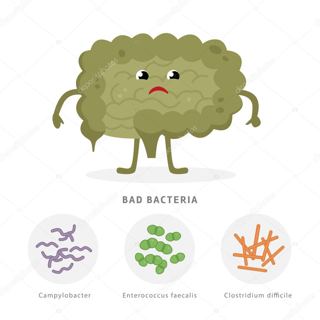 Bad bacteria concept illustration, sick intestine cartoon character isolated on white background. Gut dysbiosis with Campylobacter, Enterococcus faecalis, Clostridium difficile medical illustration
