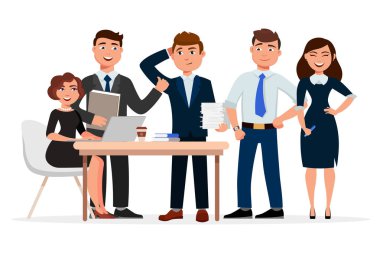 Neşeli iş insanlar karikatür karakter kümesi. Toplantı, iş kadınları ve toplama işadamları arkadaşları. Ekip çalışması kavramı vektör düz çizim.