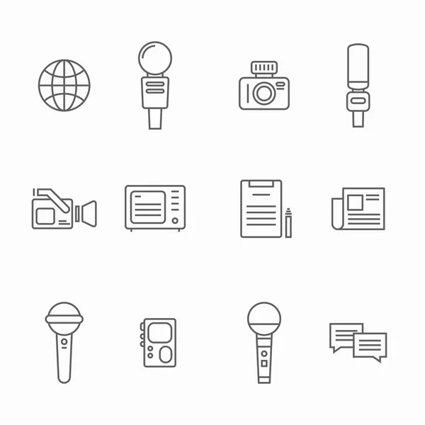 Journalist vector line icons. News interviewer attributes as a microphone, camera, dictaphone using for interview recording voice or video registration. Reporter illustartions. Editable stroke. — Stock Vector