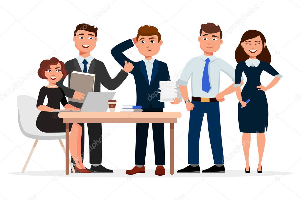 Set of cheerful business people cartoon characters. Colleagues at the meeting, business women and businessmen gathering. Teamwork concept vector flat illustration.
