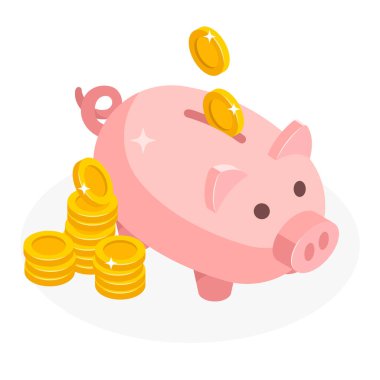 Isometric piggy bank with coins money cash isolated on white background. Icon piggy bank in isometric style, concept of saving money. Pig money box icon. clipart