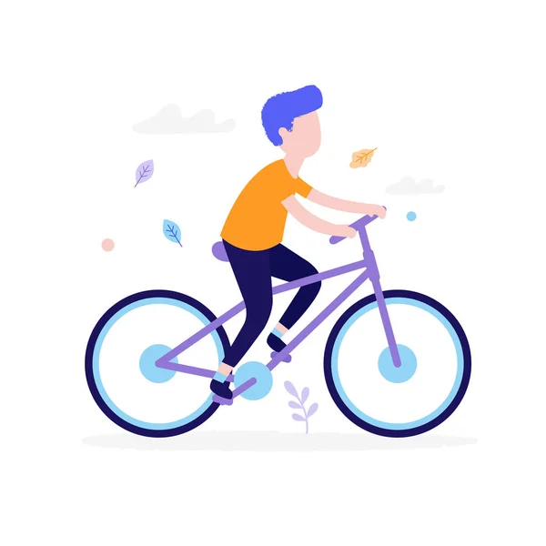 Happy boy riding bicycle outdoors in the park isolated on white background. Children activity concept, summer flat illustration with grass, clouds and leaves around — Stock Vector