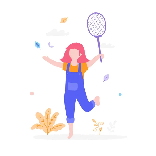 Cute girl playing badminton outdoors in the park isolated on white background. Children activity concept, summer flat illustration with bush, grass and leaves around — Stock Vector
