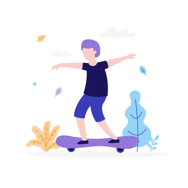 흰색 배경에 고립 공원에서 야외에서 스케이트 보드 소년. 어린이 스포츠 활동 개념, 부시, 나무, 잎 주위와 여름 평면 그림 — 스톡 벡터