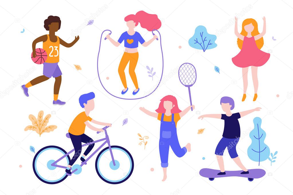 Children activities. Set of kids doing sports, riding the bicycle, playing basketball, jogging, jumping, skating different poses. Sports outdoods vector flat illustration isolated on white background