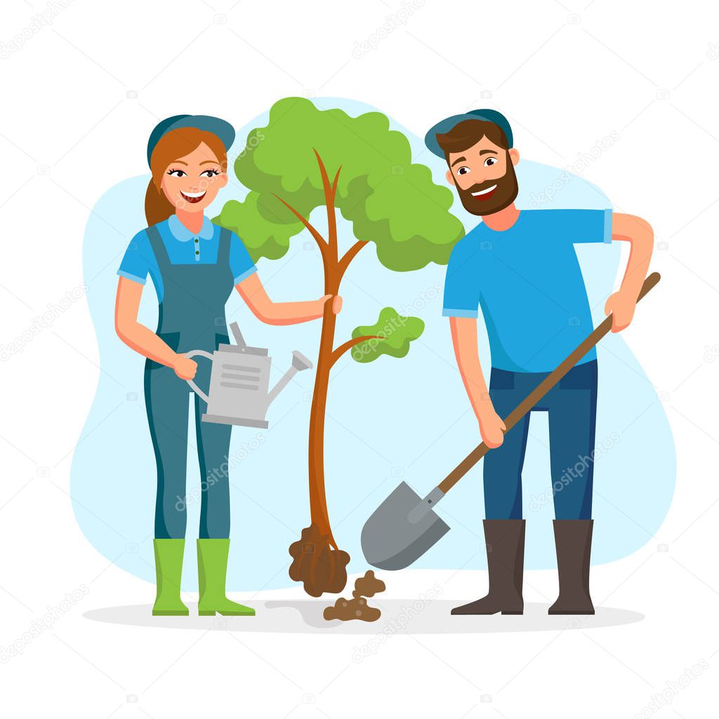 Couple of gardeners, farmers planting tree in the park vector flat illusration isolated on white background. Young cheerful people working in garden.