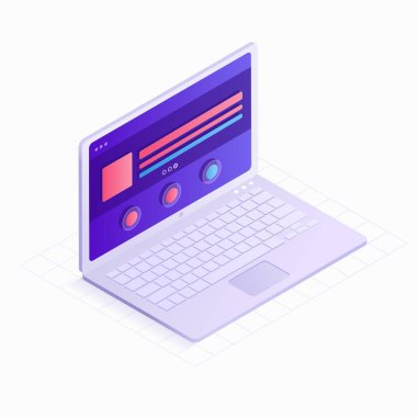 3D izometrik dizüstü düz tasarım vektör çizim. LCD monitör ve beyaz arka plan üzerinde izole Web sitesi simge. Sunuda, açılış sayfası Infographic elemanları ile dijital teknoloji kavramı