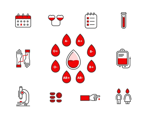Vér adomány vector icon set, elszigetelt, a fehér háttér. Vérátömlesztés koncepció illusztráció. Donor infographic elemek vércsoportok. donor banki vonal ikonok szerkeszthető stroke. — Stock Vector