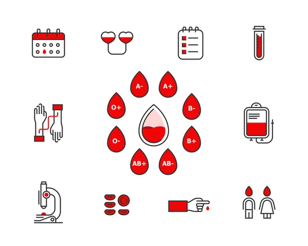 Conjunto de iconos vectoriales de donación de sangre aislados sobre fondo blanco. Ilustración del concepto de transfusión sanguínea. Elementos de infografía de donantes con tipos de sangre. línea bancaria donante iconos accidente cerebrovascular editable . — Archivo Imágenes Vectoriales