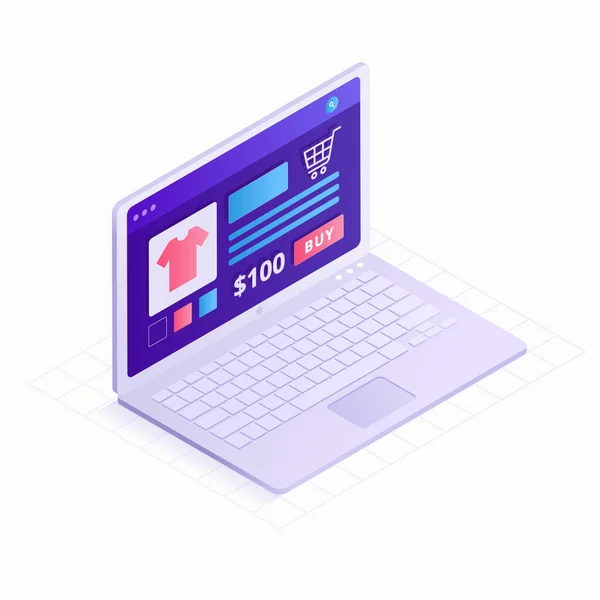 Laptop Isométrico 3D en diseño plano ilustración vectorial. Icono de compra en línea aislado sobre fondo blanco. Concepto de tecnología digital con elementos infográficos para presentación, landing page — Archivo Imágenes Vectoriales