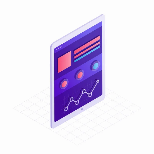 Ícone isométrico do tablet com tela sensível ao toque e ilustração vetorial de design 3D do site. Conceito de tecnologia digital com elementos infográficos para apresentação, landing page — Vetor de Stock