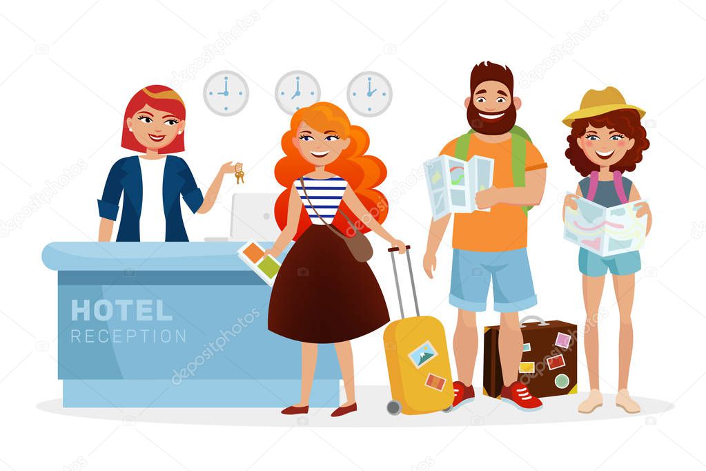 Check-in hotel reception desk modern illustration with cartoon people, tourists. Smiling woman Receptionist meets guests and gives keys cartoon characters isolated on white background.