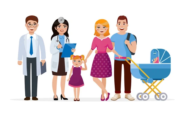 Médico de familia y personajes de dibujos animados familiares saludables concepto de ilustración en diseño plano. Dos médicos y una familia joven haciendo chequeo sonriendo aislados sobre fondo blanco . — Vector de stock