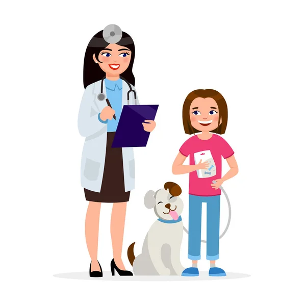 Cute Vet and happy dog with girl smiling cartoon characters isolated on white background. Vector illustration in flat design. — Stock Vector