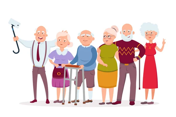 Set di allegri hipster anziani che si riuniscono e si divertono, vecchi e donne fanno personaggi dei cartoni animati selfie vector. Divertente anziani concetto di illustrazione in design piatto isolato su bianco — Vettoriale Stock