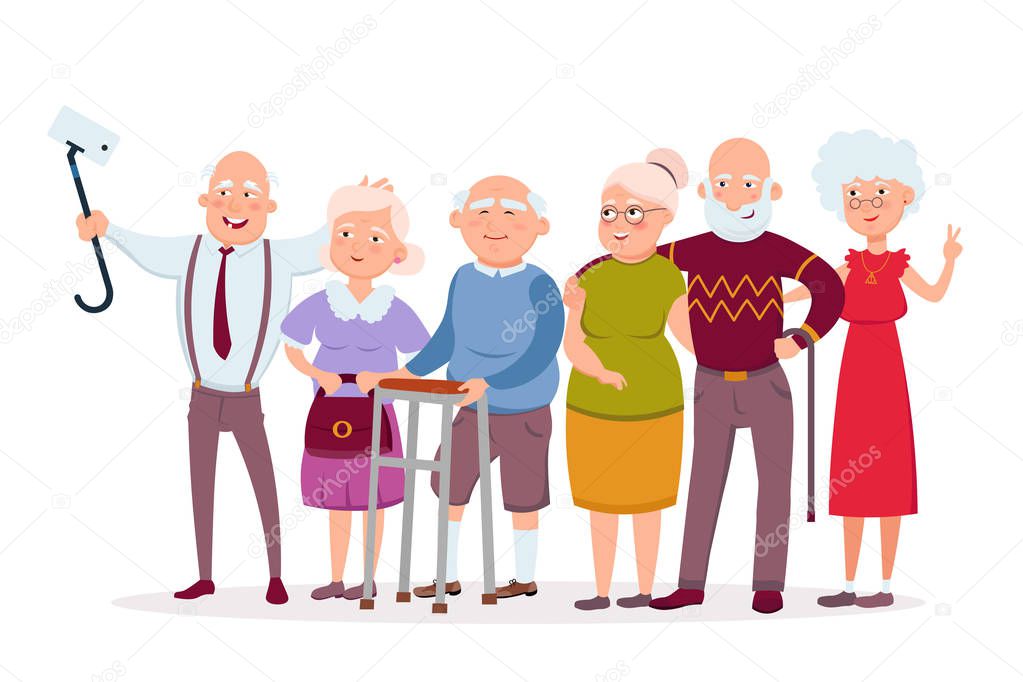 Set of cheerful senior people hipsters gathering and having fun, old men and women make selfie vector cartoon characters. Funny Elderly vector concept illustration in flat design isolated on white