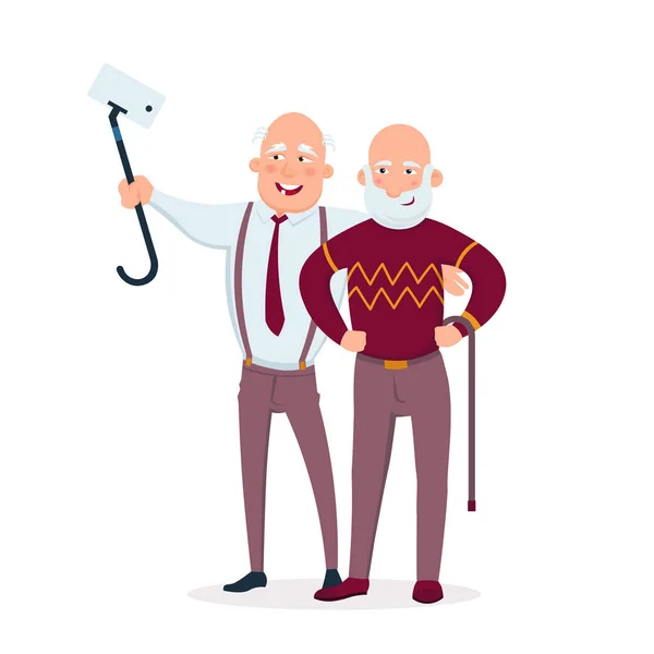 Dos alegres amigos hombres mayores de pie juntos vector ilustración plana. Personas mayores haciendo selfie y divertirse personajes de dibujos animados aislados sobre fondo blanco . — Archivo Imágenes Vectoriales