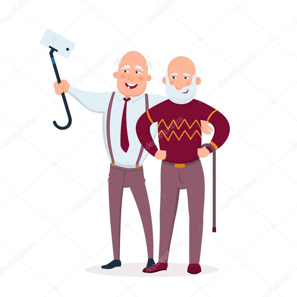 Two cheerful senior men friends standing together vector flat illustration. Aged people making selfie and having fun cartoon characters isolated on white background.