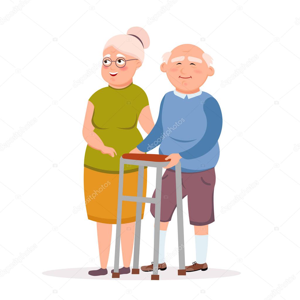 Couple of cute elderly standing together vector flat illustration. Aged lady and old man cartoon characters smiling and having date isolated on white background.