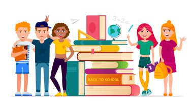 Geri okul vektör konsept illüstrasyon için çocuk çizgi film karakterleri, beyaz arka plan üzerinde izole kitap yığını toplama ile. Gülümseyen mutlu öğrenciler sınıflara geri düz tasarım vardır.