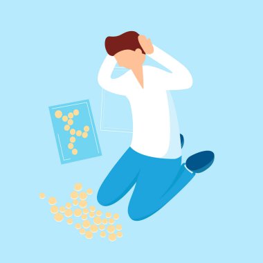 Kişi para hakkında düşünüyor ve sikke vektör düz çizim Infographic tasarımı için toplar. Aplike gereksiz para çizgi film karakterlerinden bakan şaşkın adam.