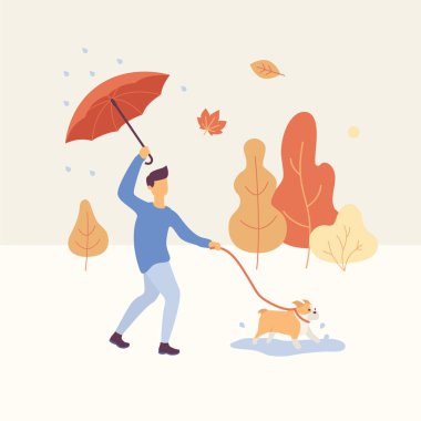 Adam yürüyen bir şemsiye tutan yağmurlu havalarda sonbahar parkta köpek, turuncu ve sarı renkli ağaçlar üzerinde arka plan vardır. Sonbahar konsepti vektör düz çizim.