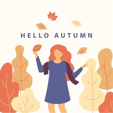 Merhaba şirin kız elbise ve eşarp sonbahar atma çizgi film karakteri olan sonbahar vektör düz çizim üzerinde bırakır. Sonbahar sarı ağaç ve çalı arka plan kavramı üzerinde.