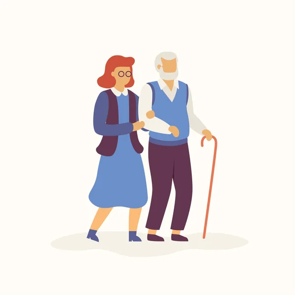 Пожилые люди ходят в осенней концепции векторной плоской иллюстрации. Пожилые мужчина и женщина идут вместе изолированы на светлом фоне. Персонажи мультфильмов о стариках . — стоковый вектор