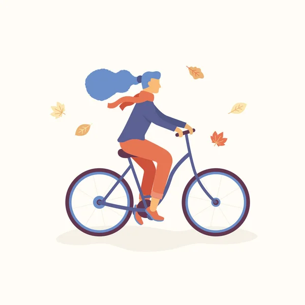 Mujeres jóvenes montando en bicicleta en el parque, las hojas que caen están volando alrededor. Concepto de otoño Ilustración plana vectorial . — Archivo Imágenes Vectoriales