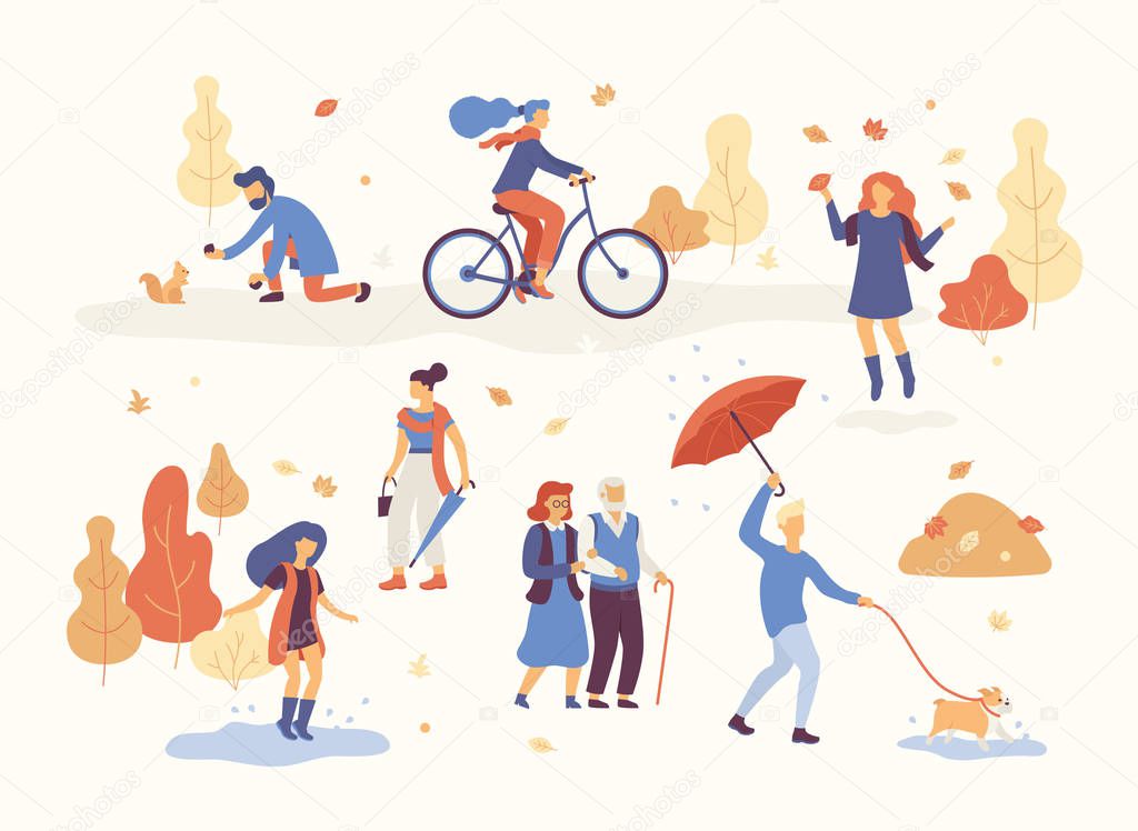 People in the autumn park having fun, walking the dog, riding bicycle, jumping on puddle, playing with autumn leaves, man with umbrella and bulldog. Set casual men and women in forest in fall vector