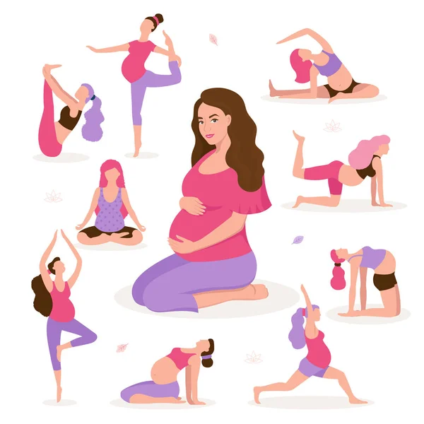 Jolie femme enceinte faisant du yoga, ayant un mode de vie sain et de détente, des exercices pour les femmes enceintes vecteur illustration plate. Concept de grossesse heureuse et saine isolé sur fond blanc . — Image vectorielle