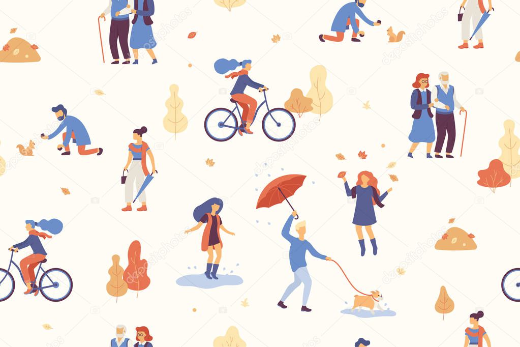 People in the autumn park having fun, walking the dog, riding bicycle, jumping on puddle, playing with autumn leaves, with umbrella and bulldog. Casual people in fall forest seamless vector pattern
