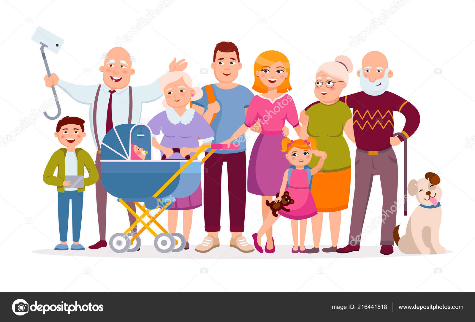 Big family standing together as a family portrait cartoon characters in  vector flat design. Mother, father, children, baby, grandparents, pet, huge  set of cartoon people adult and young isolated. Stock Vector by ©