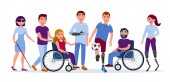 Behinderte Menschen mit Behinderungen und Prothesen, blinde Frauen, Menschen im Rollstuhl, High-Tech-Laufprothesen, prothetische Handvektoren flache Illustration. Männer und Frauen mit Unfähigkeit