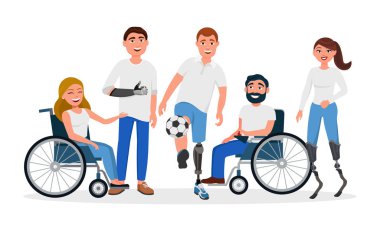 Engelli Engelli kişiler ve protez, Tekerlekli sandalye, High-Tech protez, çalışan protez el insanlar düz illüstrasyon vektör. İncapabilities çizgi film karakterleri ile kadın ve erkek