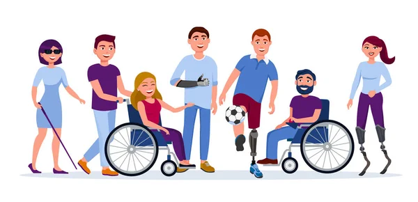Personas con discapacidad y prótesis, mujer ciega, personas en sillas de ruedas, prótesis de alta tecnología, prótesis de mano protésica vector ilustración plana. Hombres y mujeres con incapacidad — Archivo Imágenes Vectoriales