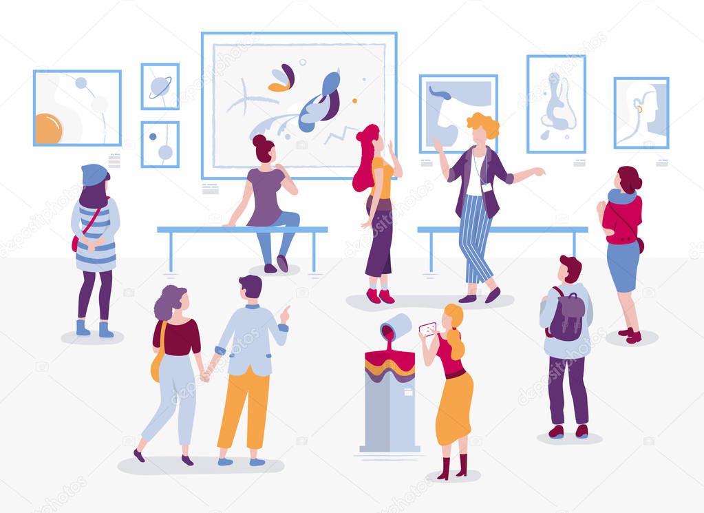 Art gallery with visitors looking at paintings vector flat illustration. People at the exhibition cartoon characters in modern art style. Men and women tourists and guide at the museum of arts.