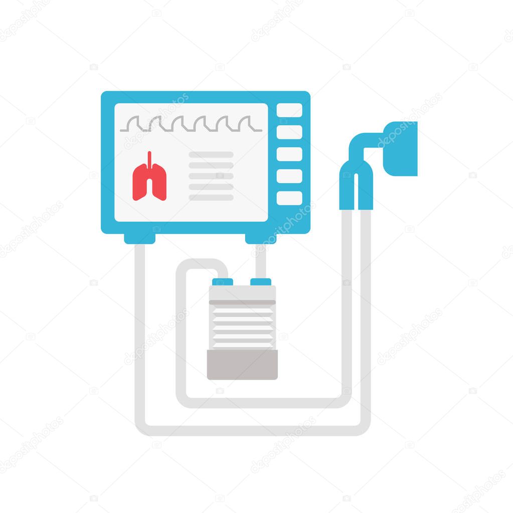 Medical ventilator vector flat illustration isolated on white background. Mechanical respirator icon for medical infographic. Lungs mechanical ventilation concept illustration.