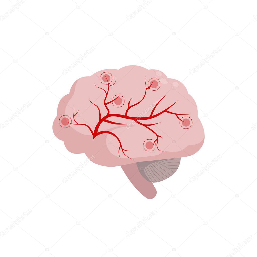 Brain icon isolated on white background, medical illustration in flat design. Cerebral circulation and spasm of cerebral arteries and veins supplying the brain, migraine, headache concept.