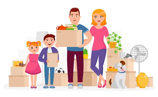Счастливая семья переезжает на новое место жительства. Мама, папа и дети держат картонные коробки со своими вещами, питомец сидит рядом с семьей и улыбается . — стоковый вектор