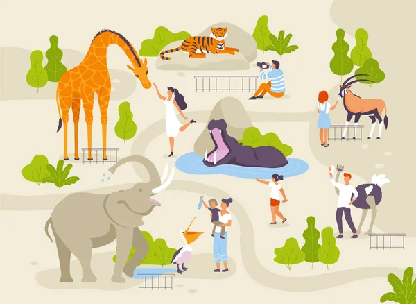Зоопарк з кумедними тваринами і людьми, що взаємодіють з ними Векторні плоскі ілюстрації. Тварини в зоопарку інфографічні елементи з дорослими і дітьми мультиплікаційні персонажі, що ходять на карті парку створення — стоковий вектор