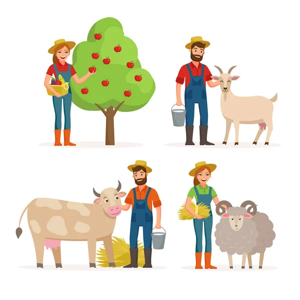 Farmers man and woman cartoon characters in various poses vector flat illustrations isolated on white background. Gardener, farmer and goat, cow, sheep holding basket with vegetables and milk bucket. — Stock Vector